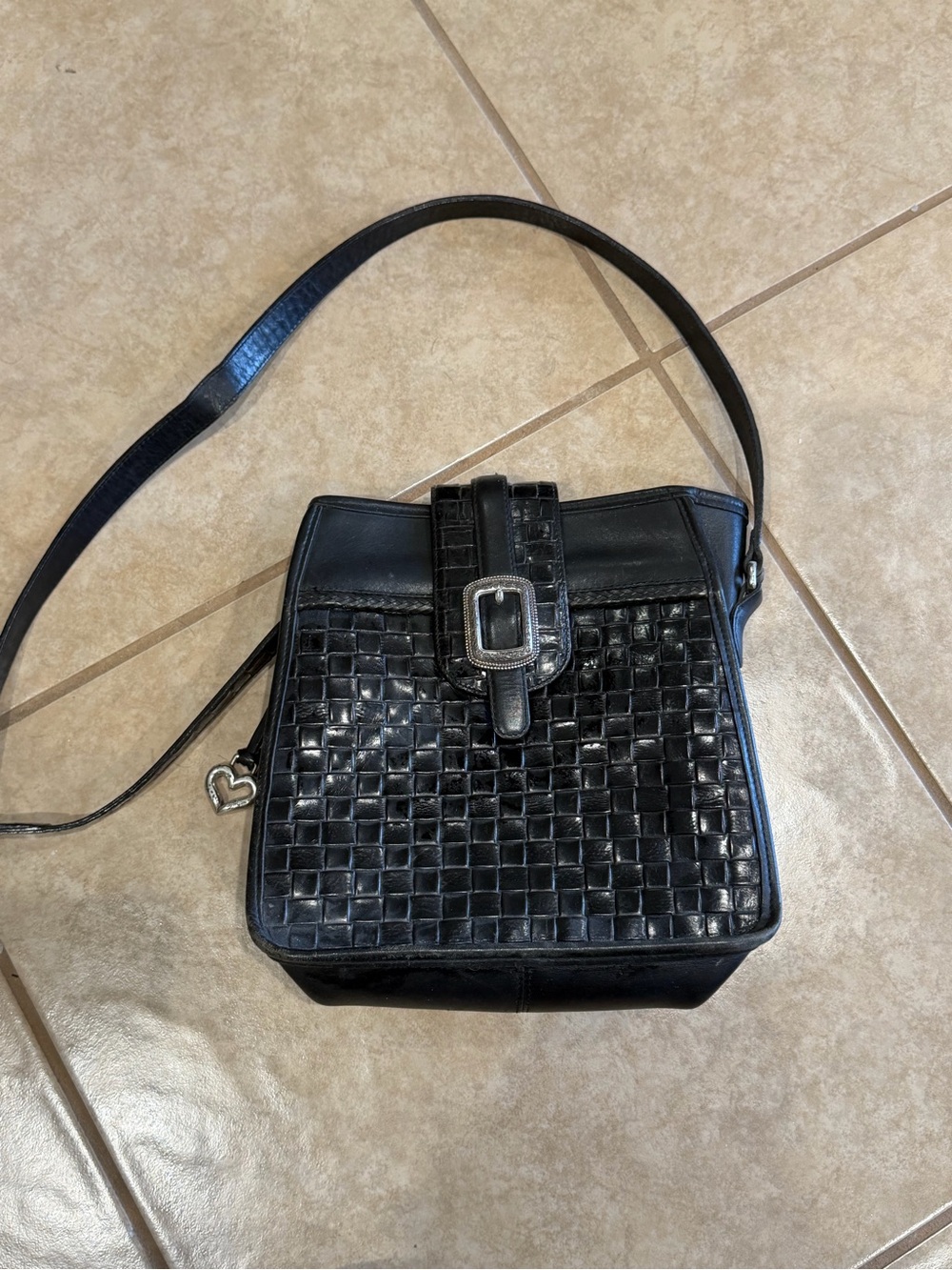 Brighton Black Woven Leather Crossbody Bag with Heart Charm